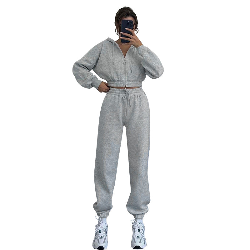 Women Autumn and Winter Zipper Hoodies and Pant Casual Sports Two-piece Set 13
