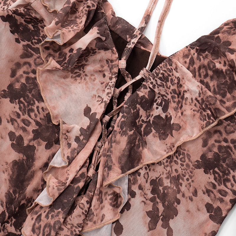 Women Summer/Autumn Ruffled Collar Long-Sleeved Mesh Leopard Print Off-The-Shoulder Pleated Dress 23