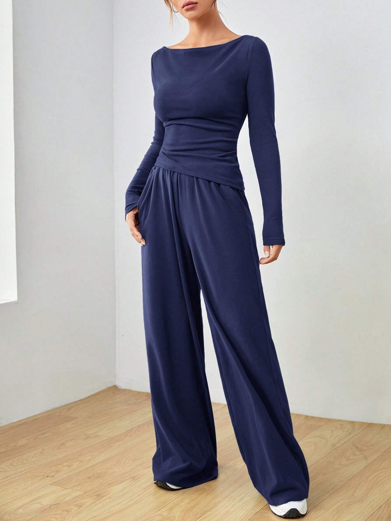 Women autumn and winter two-piece suit solid long sleeve casual wide-leg Pants two-piece suit 4