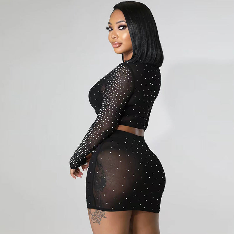 Fashion Sexy Slim See-Through Long Sleeve Beaded Mesh Top Mini Skirt Two-Piece Set