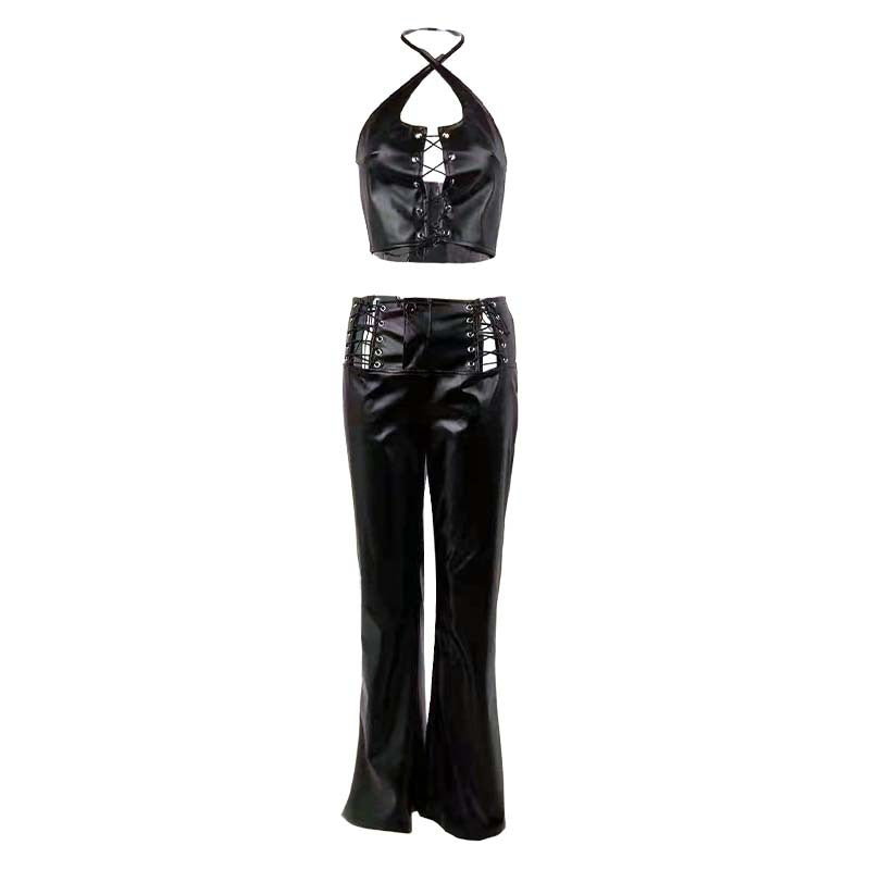 Women Sexy Halter Neck Lace-Up Top and Pu-Leather Pants Two-Piece Set 6