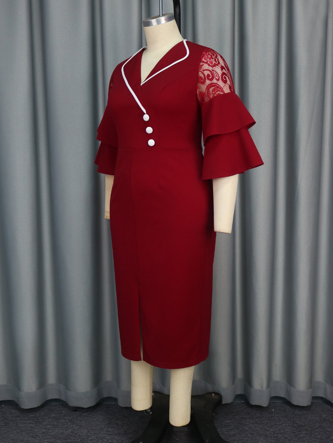 Fashion Turndown Collar Contrast Bell Bottom Sleeve Plus-Size Formal Party Dress 6