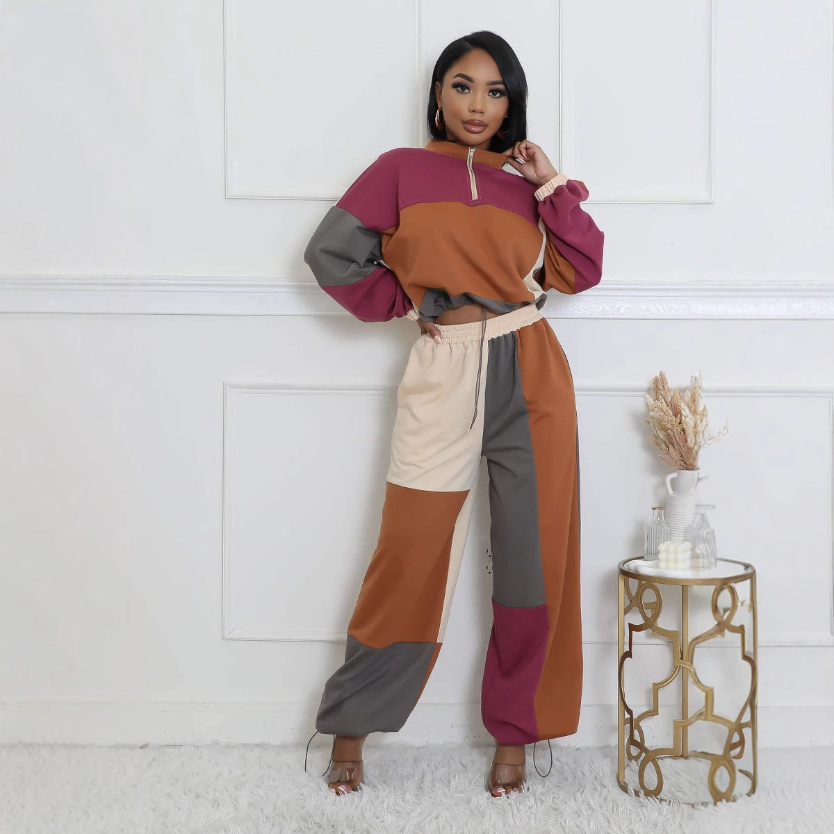 Sexy Sports Color Block Print Zipper Drawstring Design Two-Piece Pants Set 4