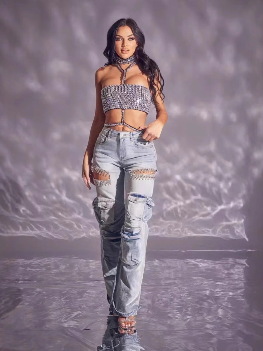 Fashionable Women's Multi-Pocket Cut Out Diamond Denim Pants 7