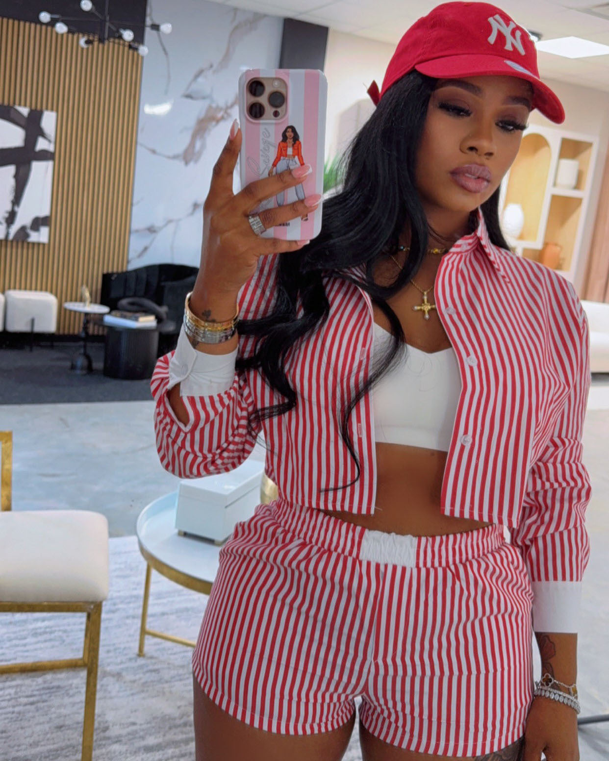 Women's Chic Career Style Striped Turndown Collar Shirt & Shorts Two-Piece Set