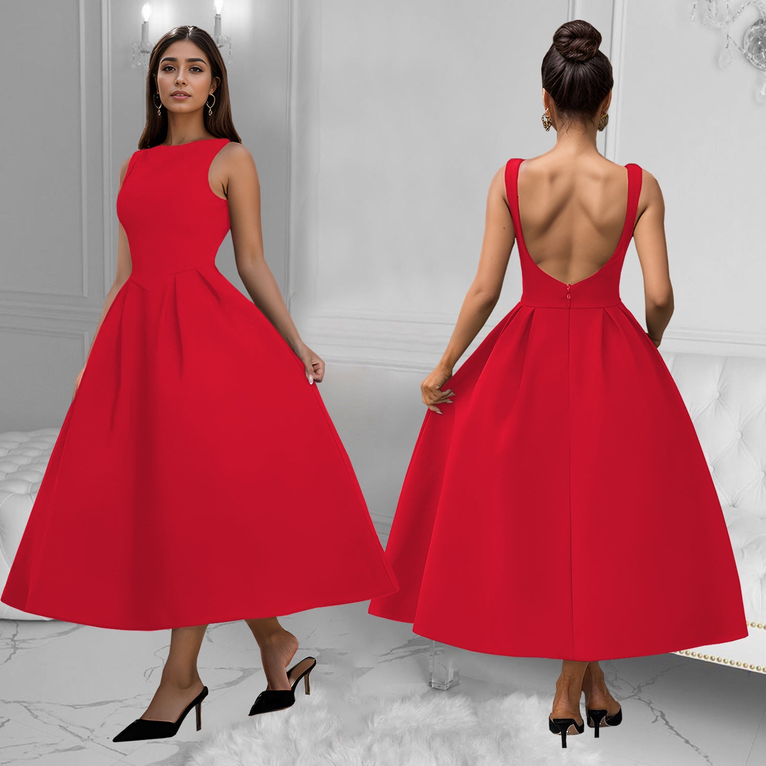 Fashionable women's Low Back retro sleeveless Backless A-line long dress 3