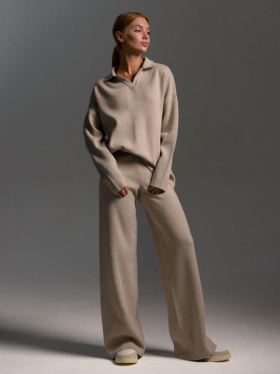 Solid Color Turndown Collar Knitting Sweater Straight Wide-Leg Pants Two-Piece Set 3