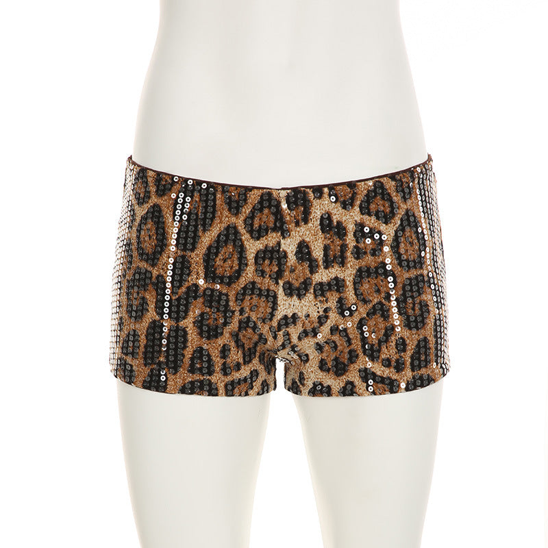 Spring Women's Leopard Print Sequins High Waist Tight Fitting Sexy Shorts Women 18