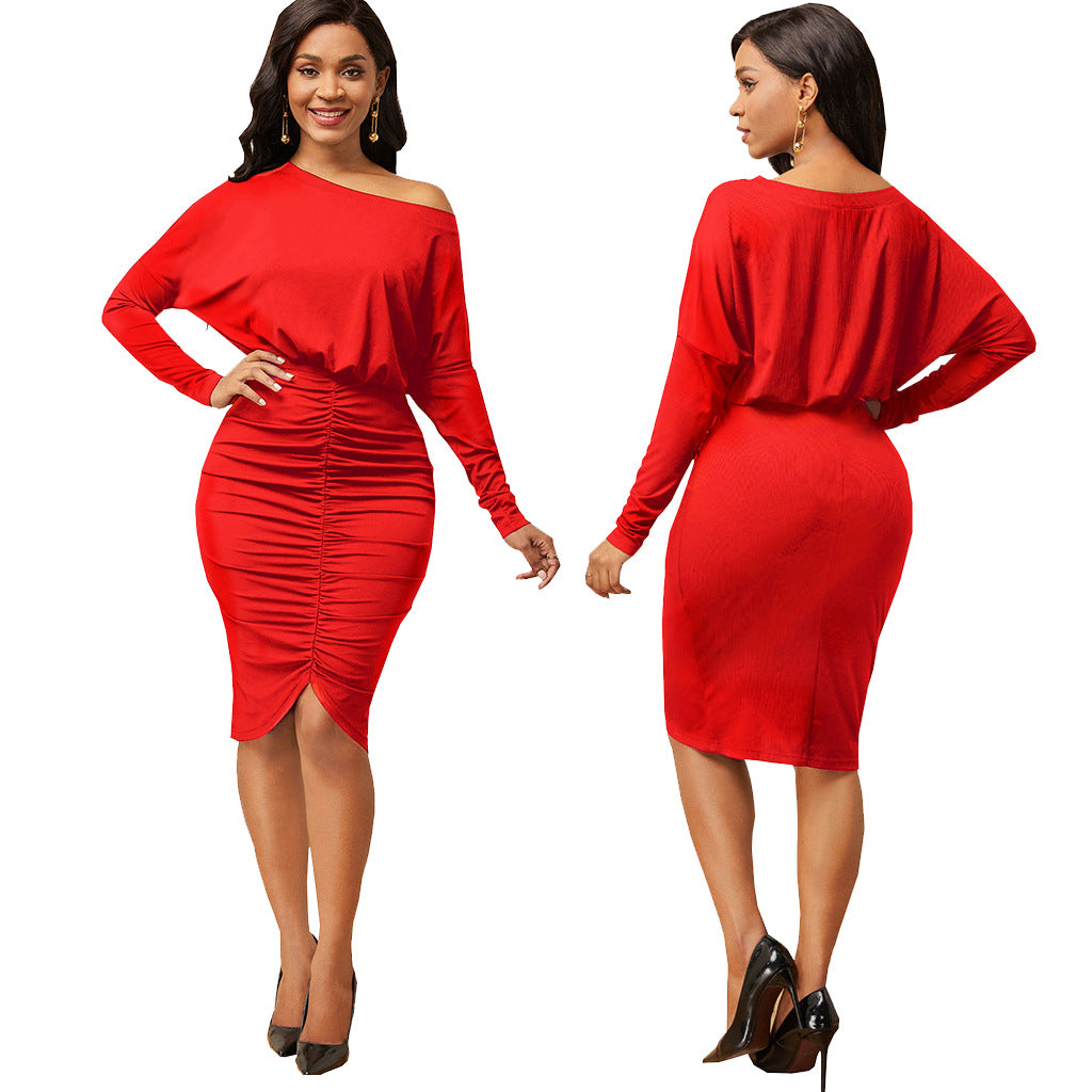 Sexy Fashion Solid Color Slash Shoulder Wrinkled Women's Dress 13