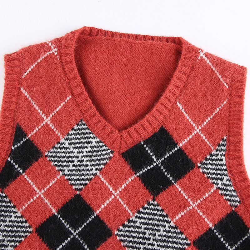 Women Solid Plaid Sleeveless V-Neck Sweater 44