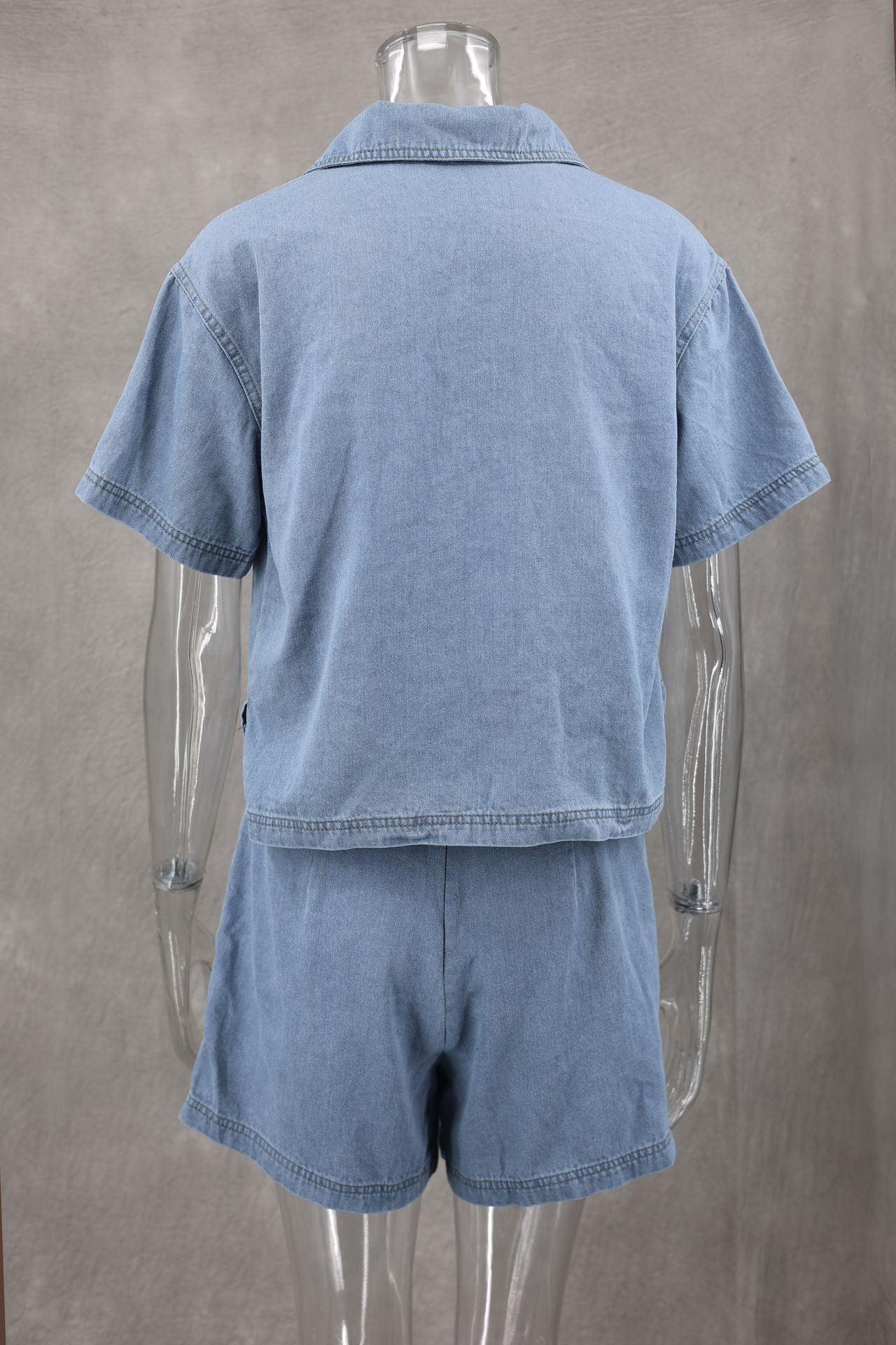 Women Casual Denim Polo Short Sleeve Shirt Irregular Skirt Pants Two-piece Set 13