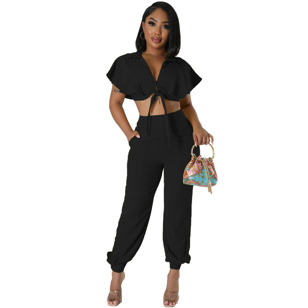 Ruffle Sleeve Crop Short turndown collar Shirt High Waist Casual Fashion pants Women's Two-piece Set 10