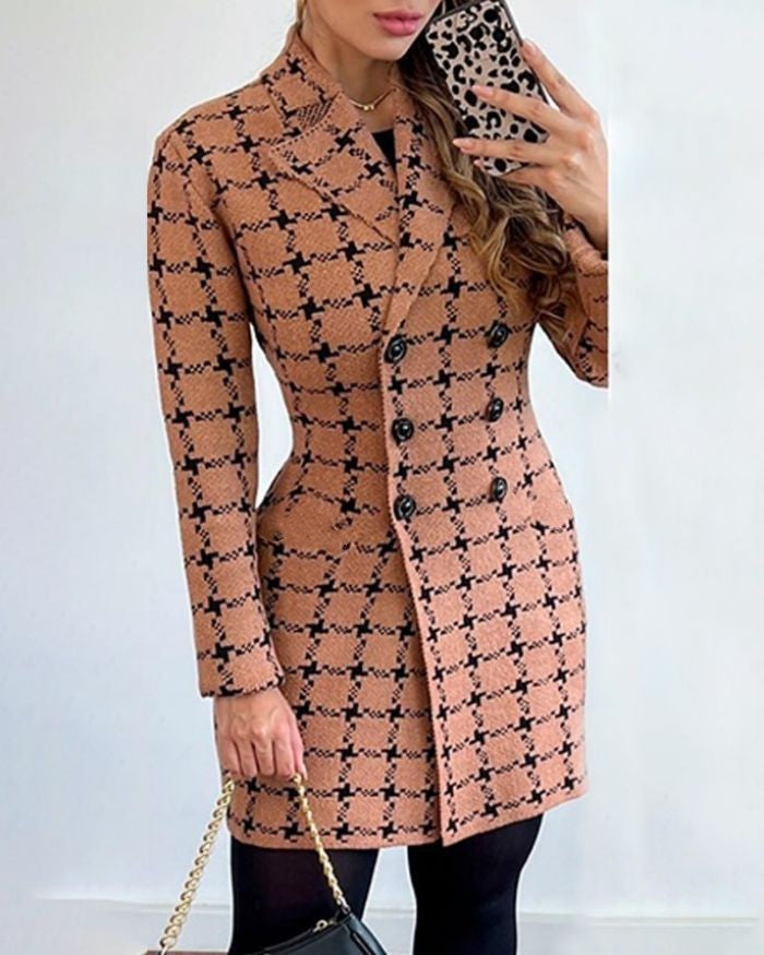 Women Autumn and Winter Long Sleeve Double Breasted Turndown Collar Printed Jacket 12