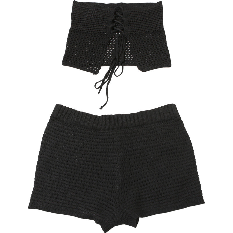Women's Summer Sexy Strapless Floral Knitted Shorts Set 12