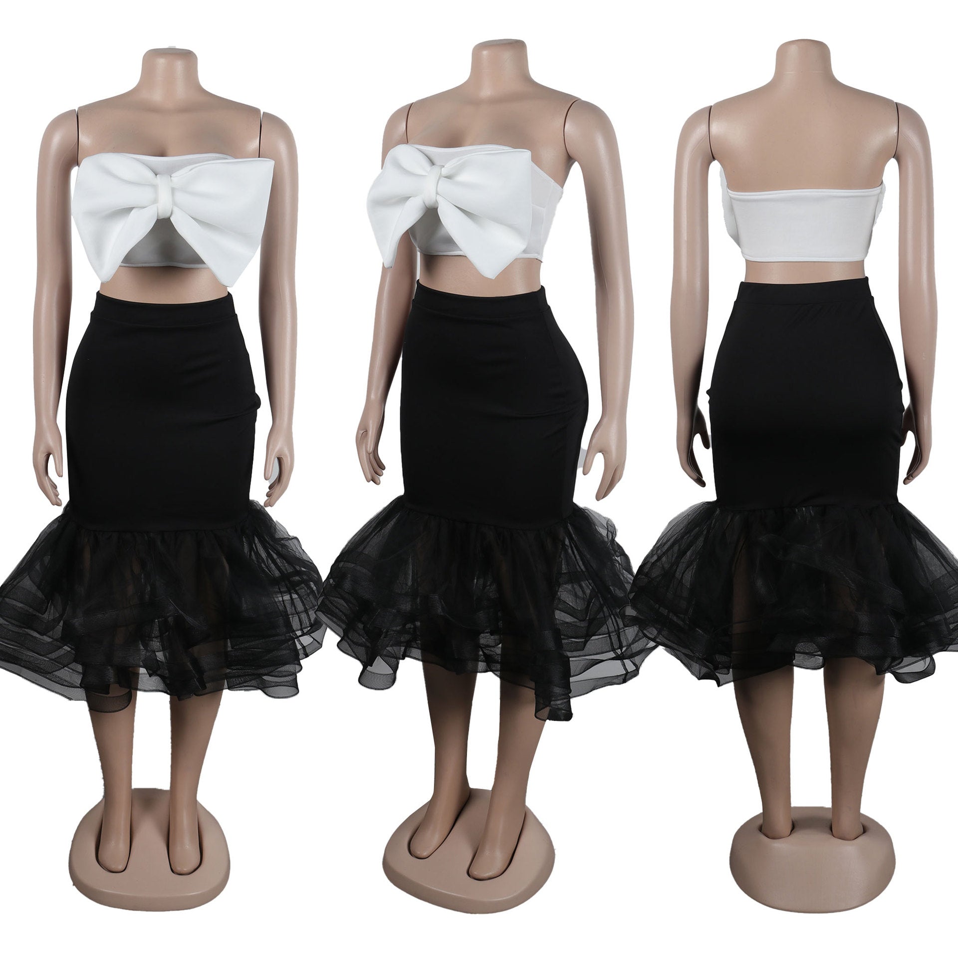 Sexy Slim Contrast Color Strapless Bow Mesh Top Mermaid Party Skirt two piece set 10