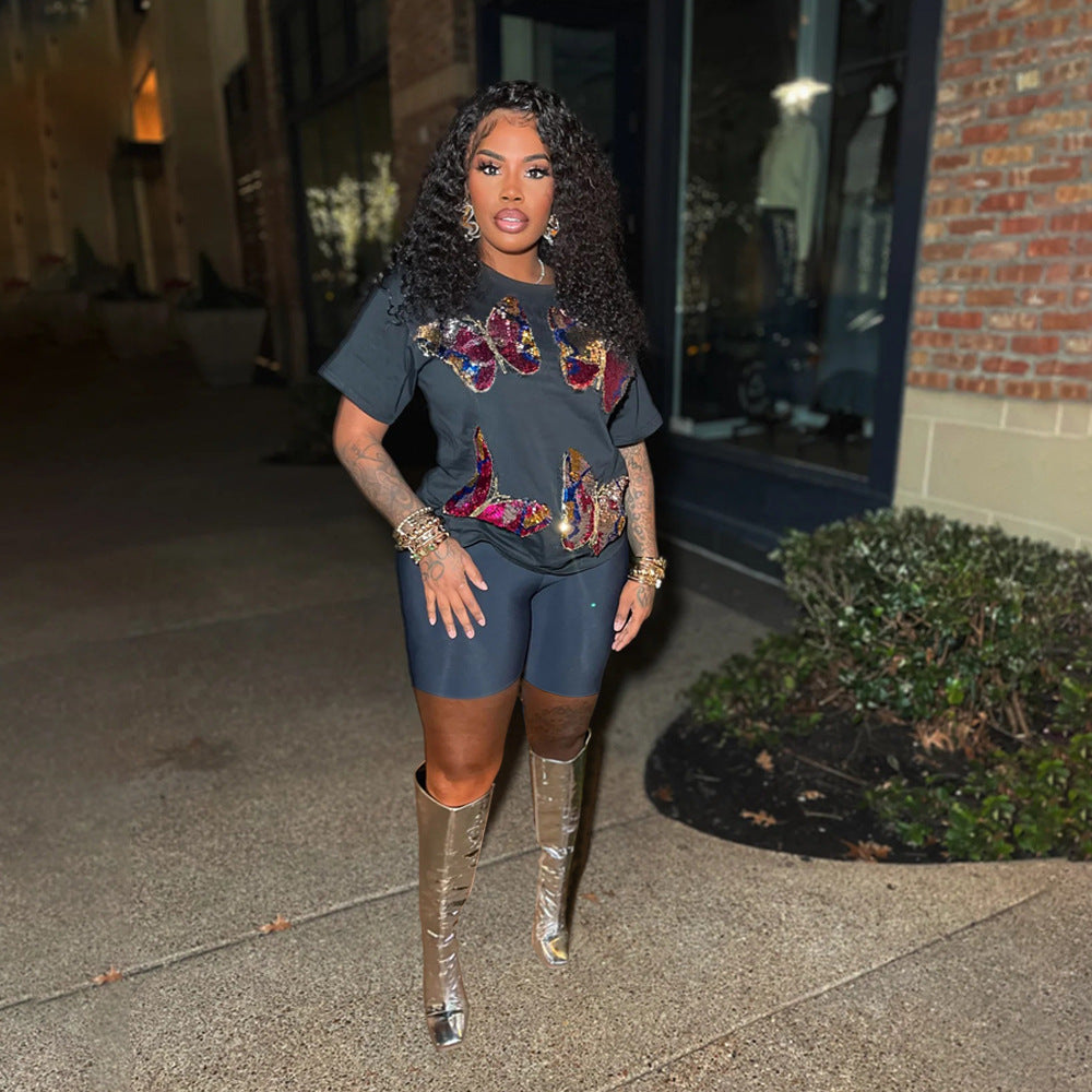 Women Casual Sequin Top and Shorts Two-Piece Set 3