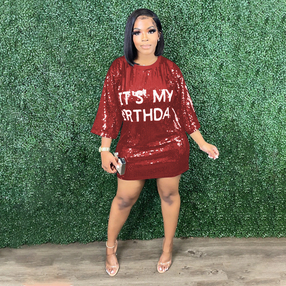 Women Round Neck Half-Sleeve Loose Sequin Print Dress 8