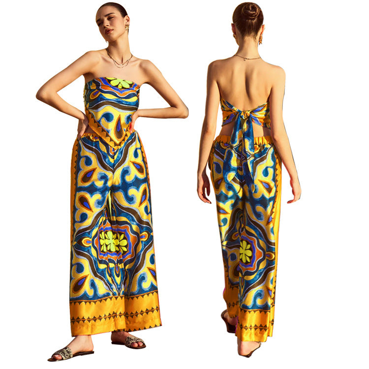 Women's Printed Strapless Wide Leg Pant Two-Piece Set 6