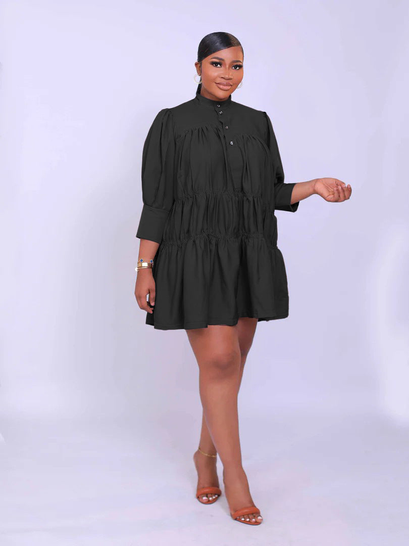 High Collar Solid Color Simple Loose Casual Women's Dress 3