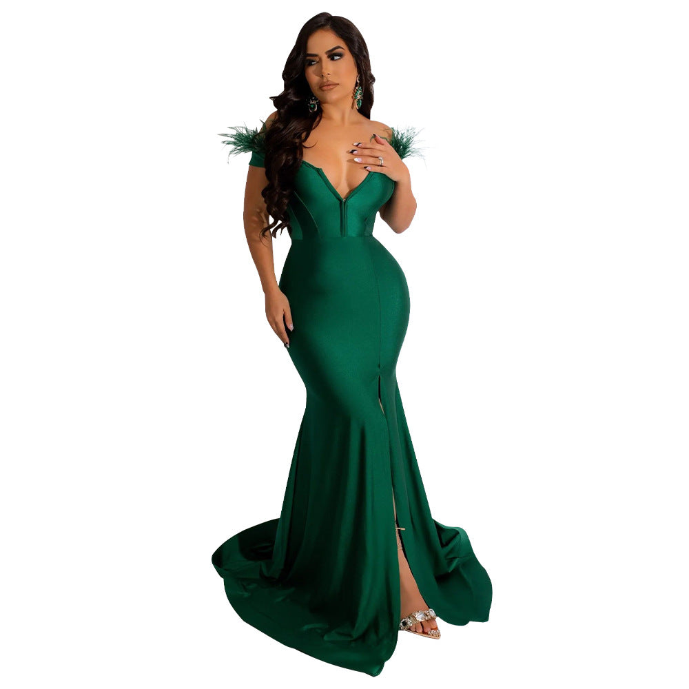 Women solid color v-neck sleeveless slit mermaid dress evening dress 13