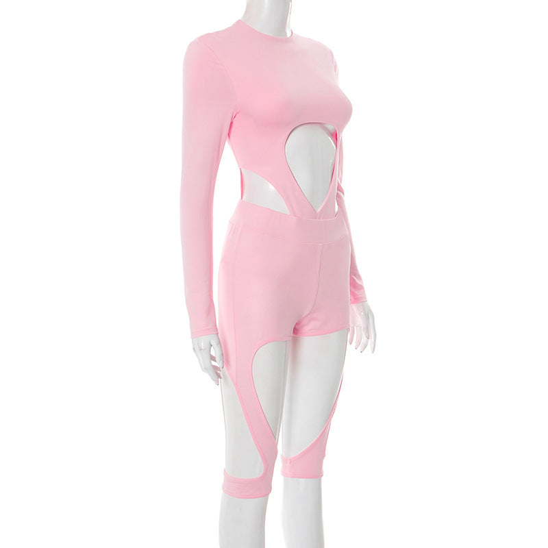Women’s Round Neck Long-Sleeve Bodysuit with Shorts Two-Piece Set 9