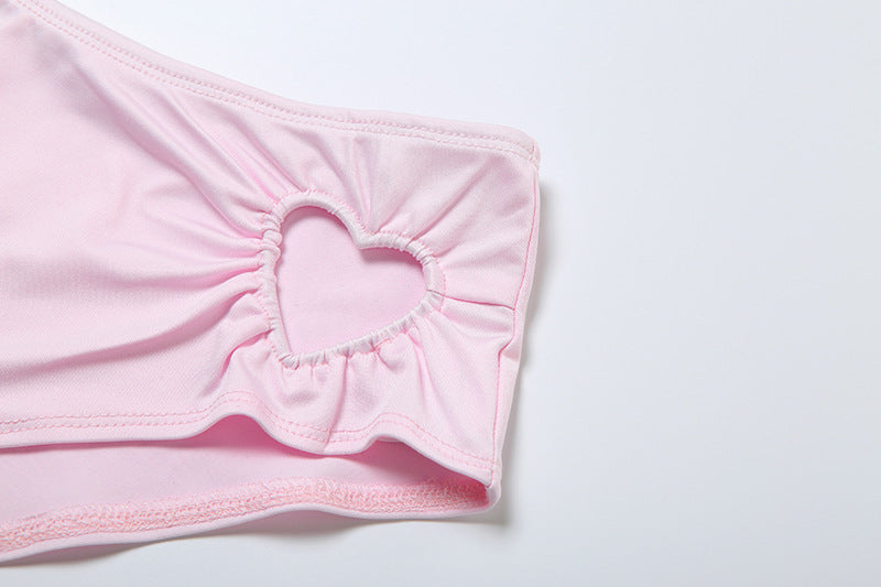 Women Summer Heart Print Hole Strapless Sexy Solid Top and Shorts Two-Piece Set 19