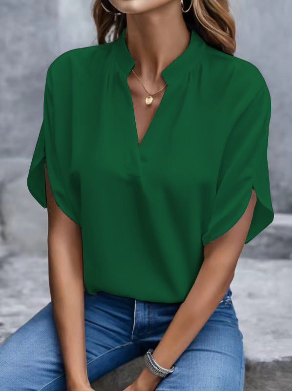 Women Summer Casual Solid V-neck Loose Shirt 6