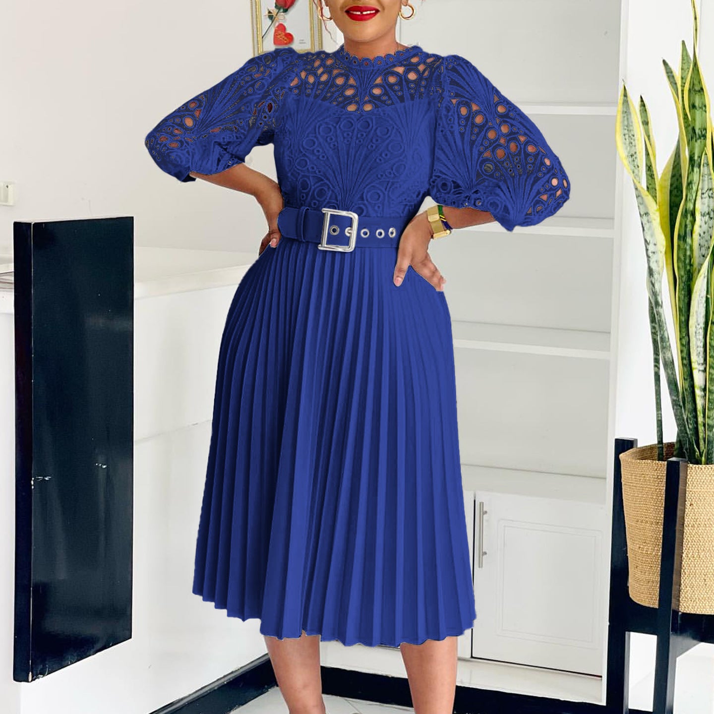 Women Solid lace hook flower hollow pleated dress