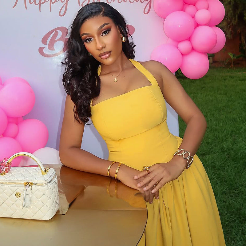 Women Career Pleated Halter Neck Sleeveless Solid Maxi Dress 6