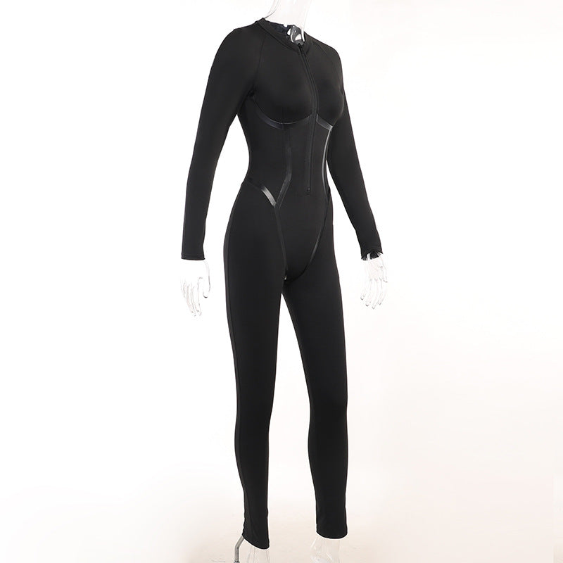 Women Sport Leather Web Long Sleeve Zipper Butt Lift Jumpsuit 7