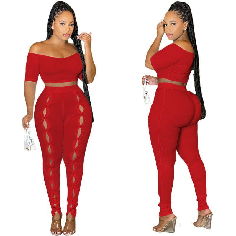 Women Summer Sexy Off Shoulder Short Sleeve Top and Button Pants Two-Piece Set 3