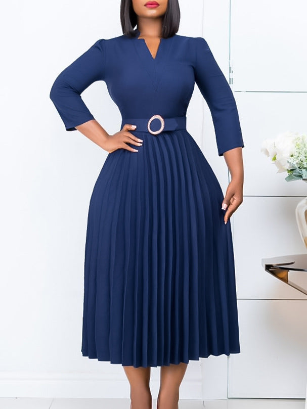 Women Autumn V-neck Elegant Pleated Dress 8