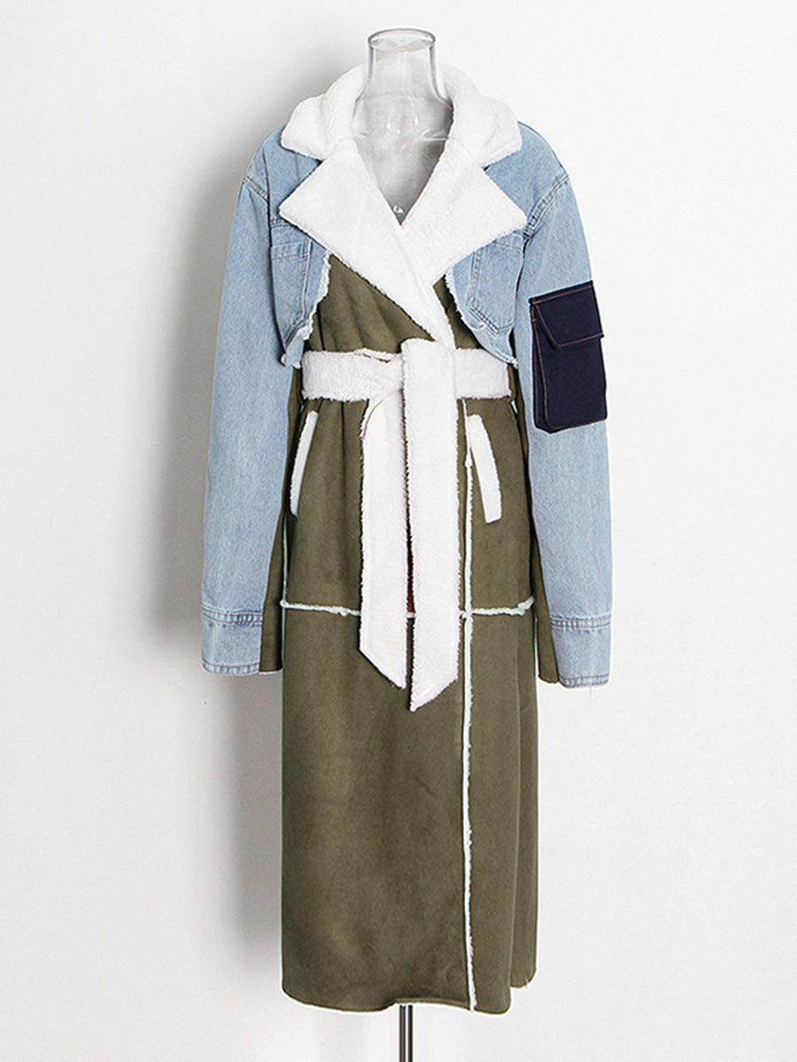 Women Autumn/Winter Turndown Collar Long Sleeve Lace-Fly Lamb Maxi Colorblock Denim Coat 7