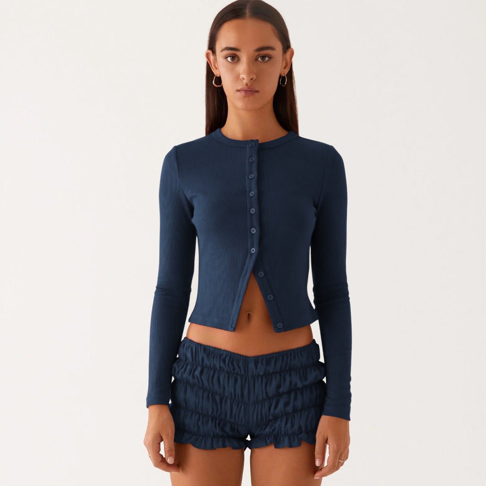 Spring and Summer Women's Solid Color Slim Long Button Cardigan Top 14