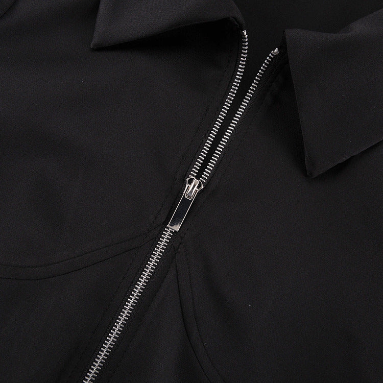 Women's Fashion Turndown Collar Zipper Long Sleeve Black Dress 13