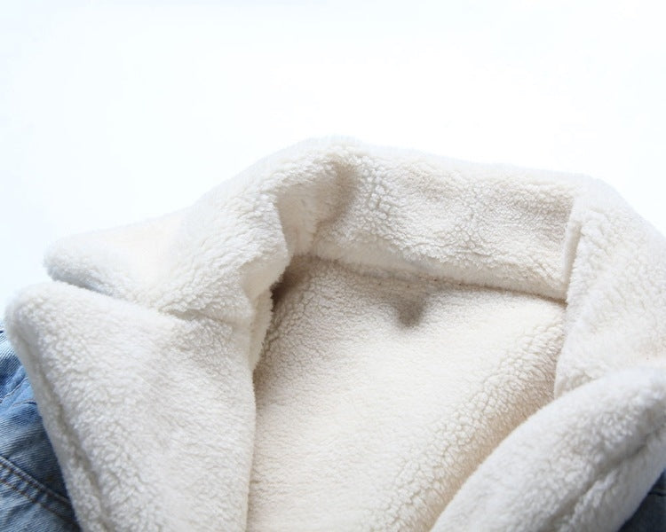 Winter Casual Blue Turndown Collar Fleece Patch Denim Jacket 8