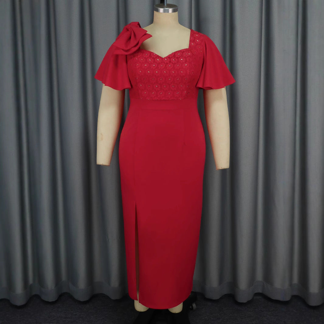 Women ruffle bow sexy Formal Party lace dress 3