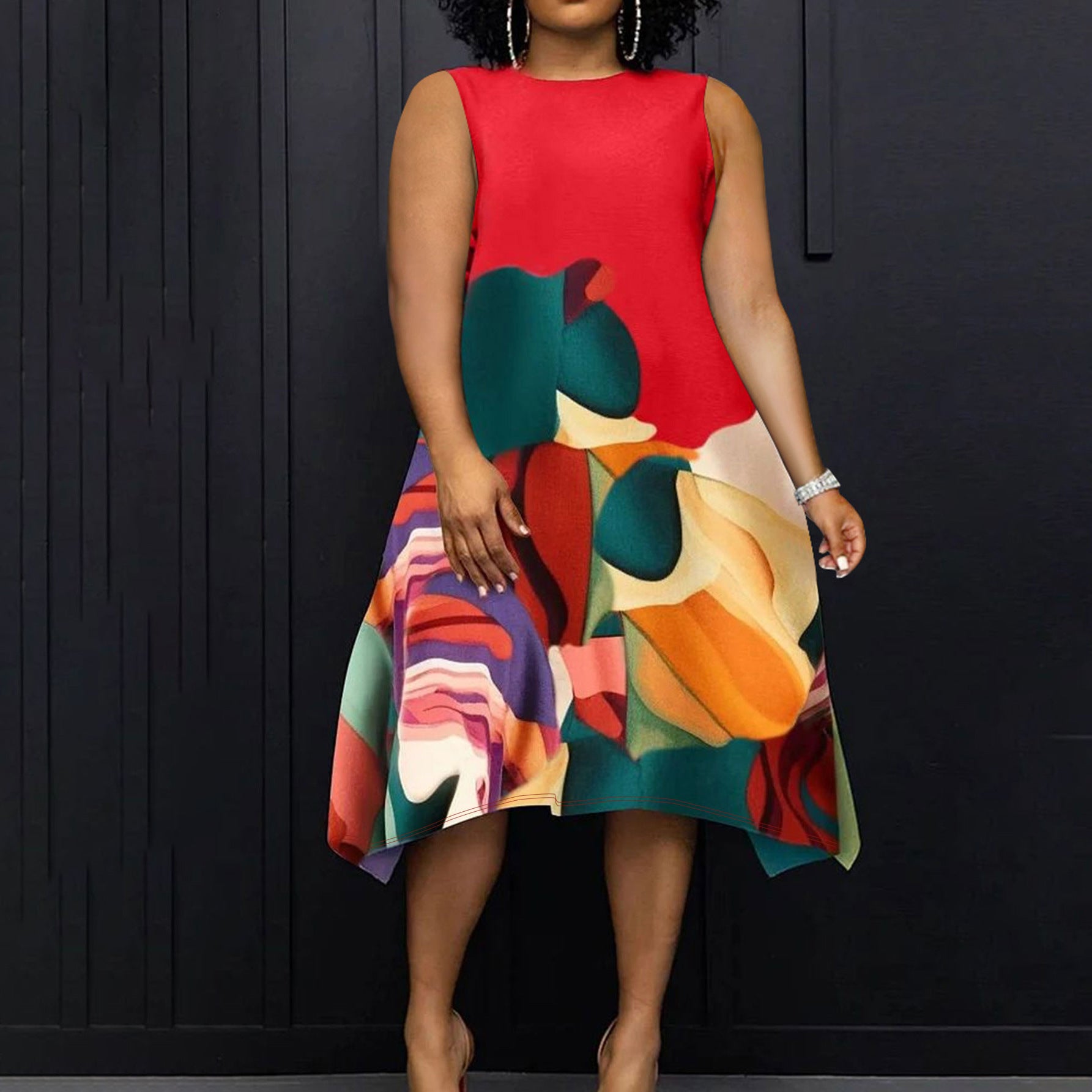 Plus Size Women Round Neck Casual Contrast Print Dress