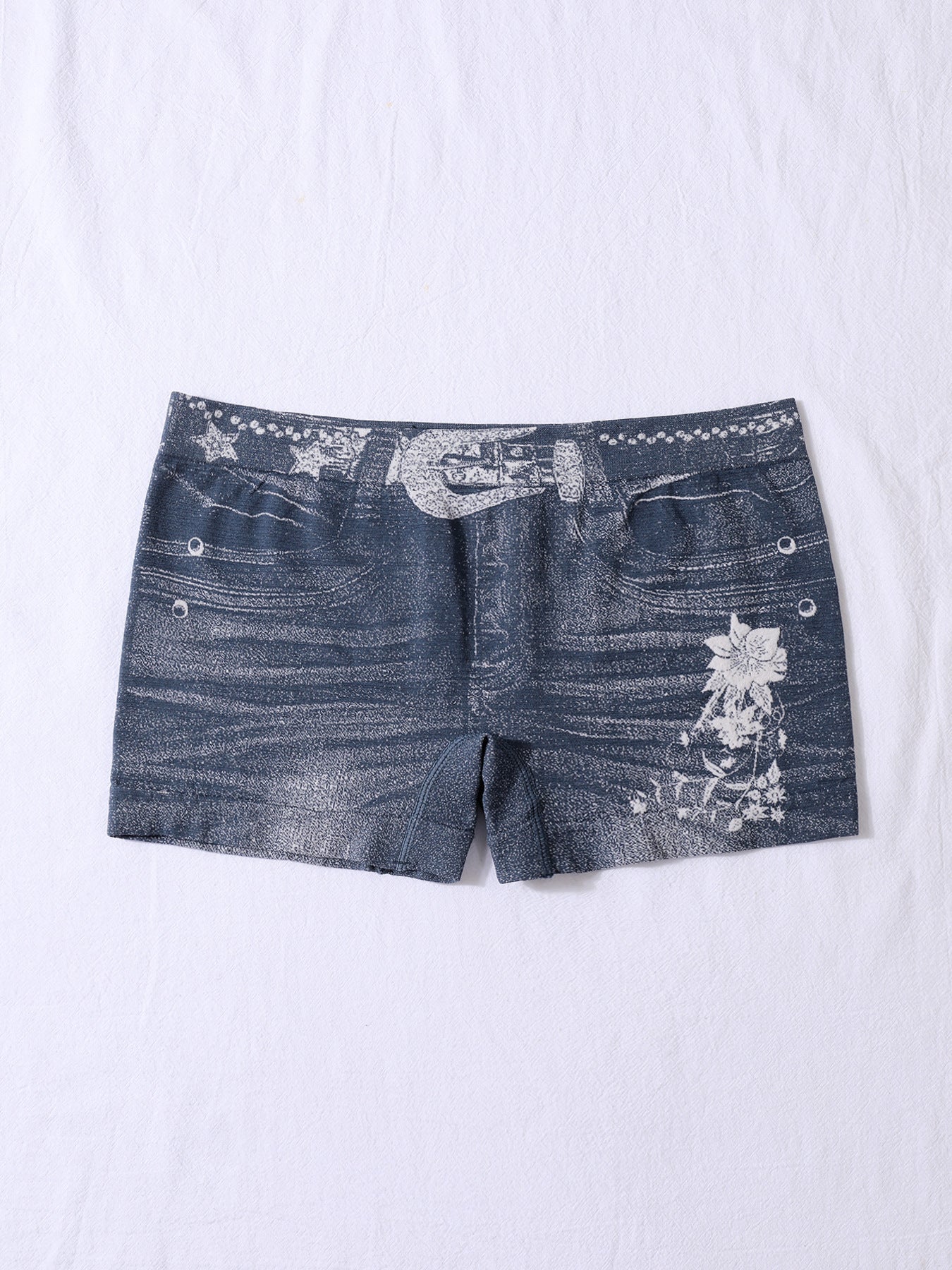 Seamless Simulated Denim Pattern Print Outdoor Wear High Stretch Mid-Rise Women's Square Leg Shorts 3