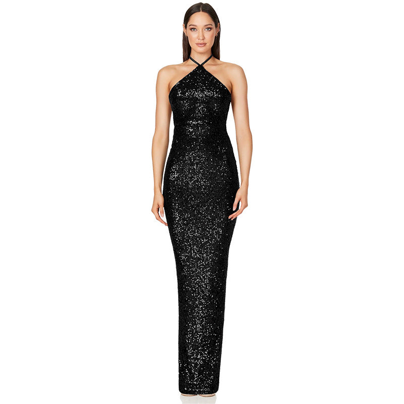 Women sleeveless French split sequin party Evening Dress 10