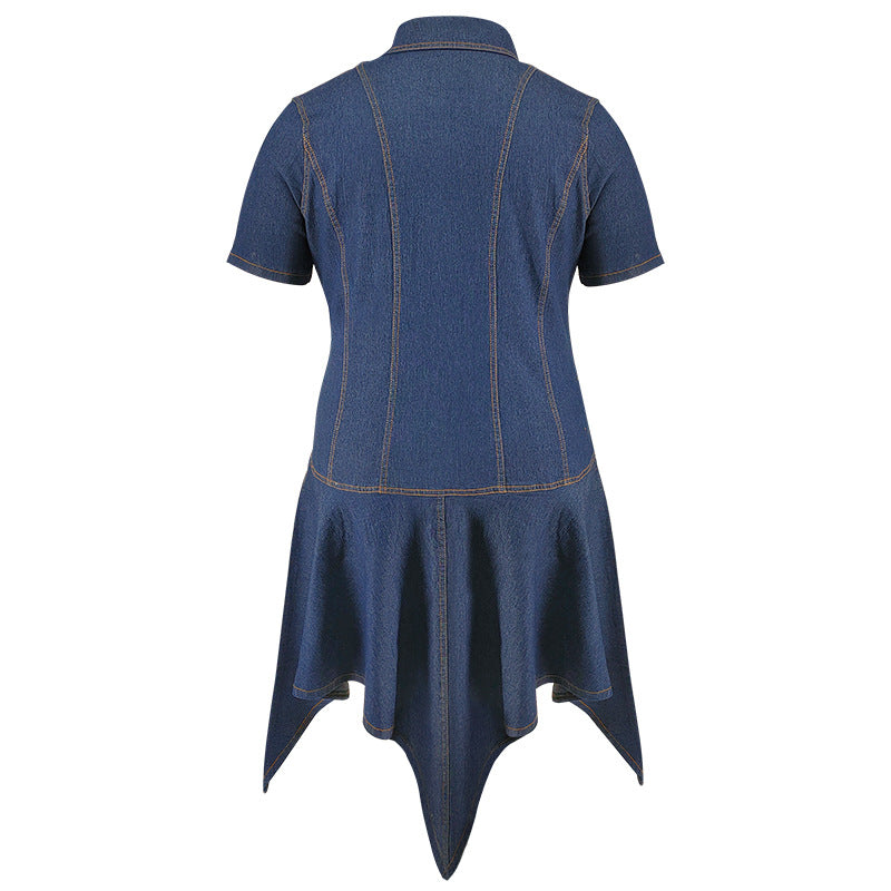 Plus Size Women's Turndown Collar Short Sleeve Button Denim Dress 11