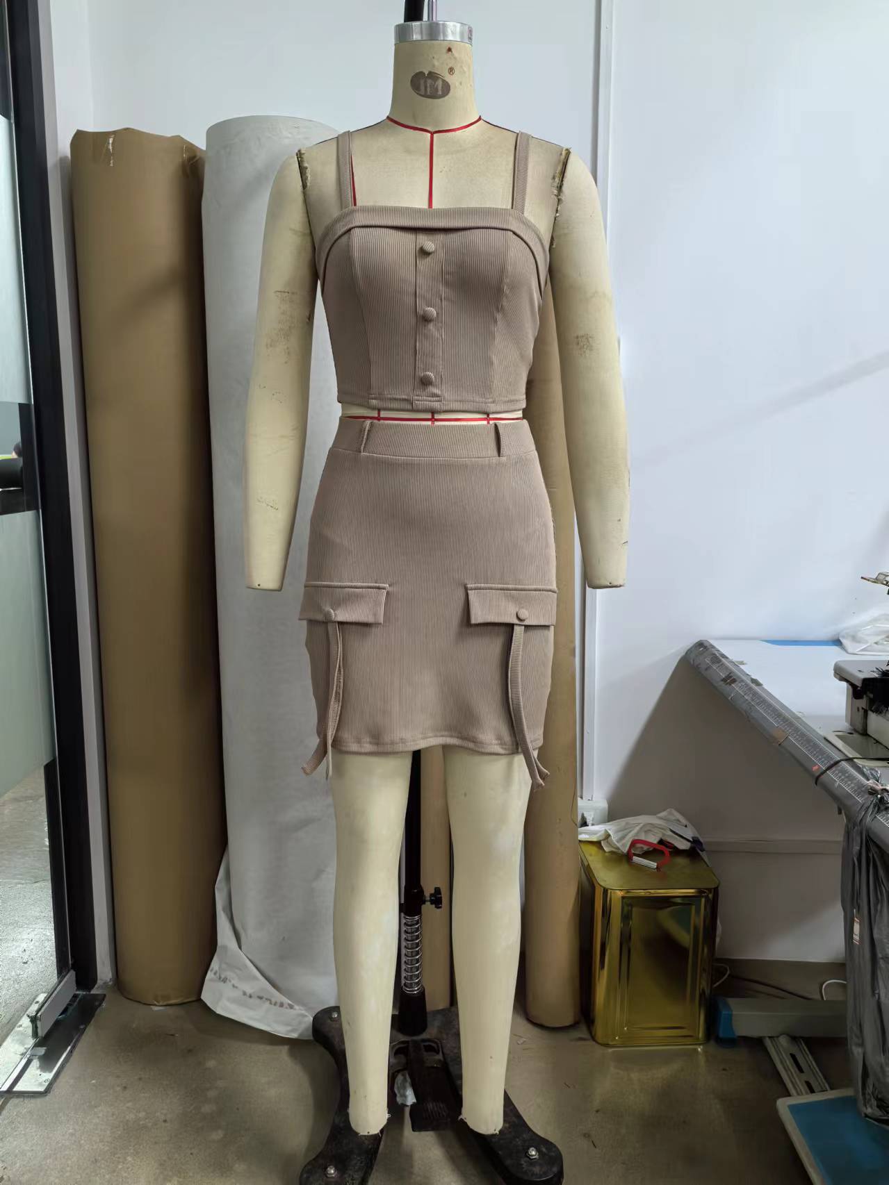 Women's Summer Autumn Button Square Neck Camisole Top Tight Slim Short Skirt Two Piece Set 10