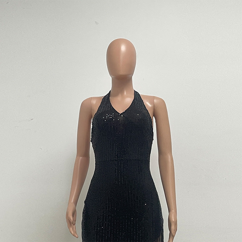 Women Backless Party sleeveless Halter Neck tassel sequin slit dress 12