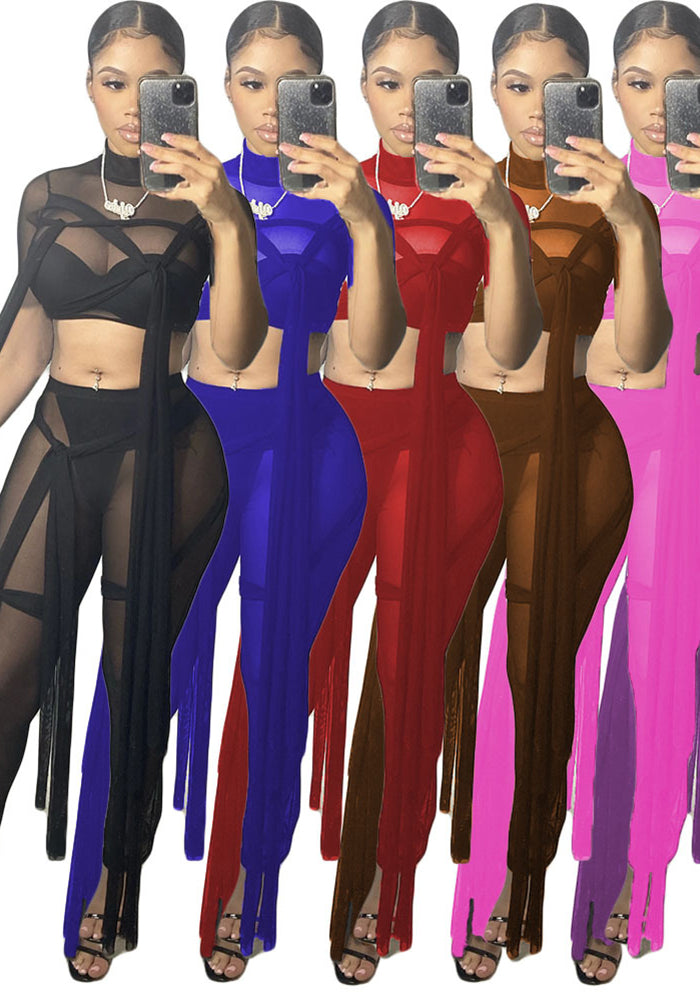 Women's Sexy Mesh See-Through Lace-Up Solid Color Short Sleeve Two-Piece Pants Set