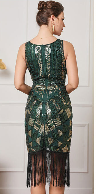 Women Sexy V Neck Sequin Beaded Retro Party Tassel Dress 7