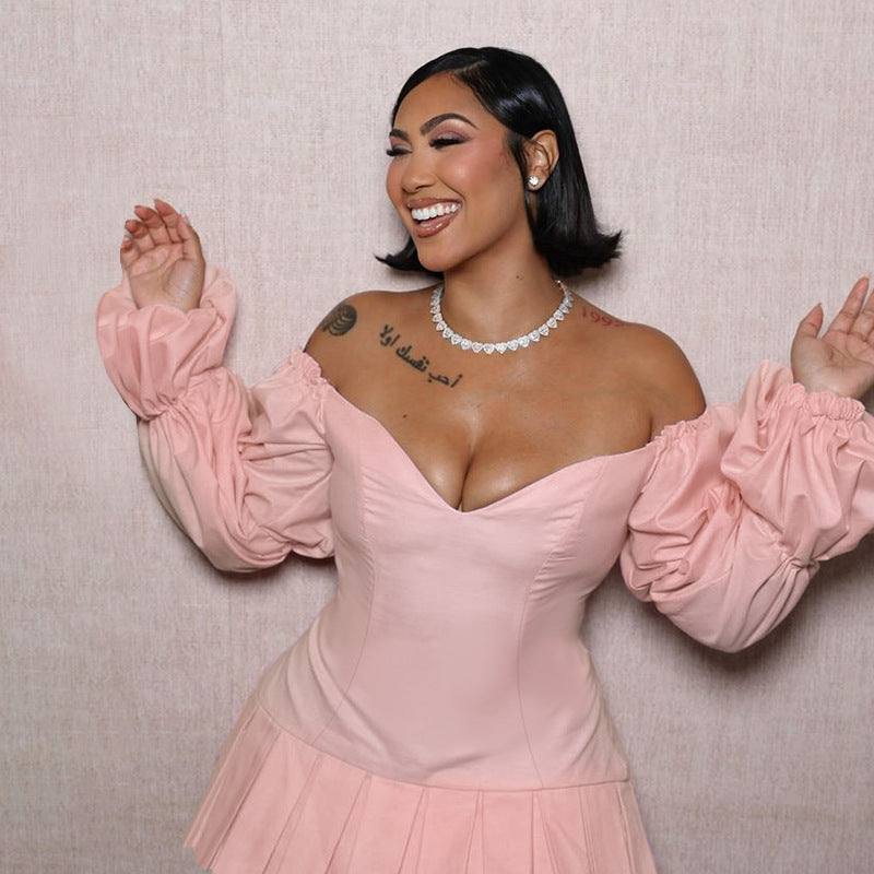 Women autumn sexy Off Shoulder lantern sleeve pleated dress 4