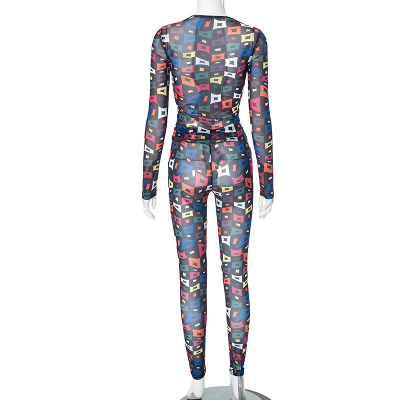 Women sexy mesh see-through print top and casual trousers two-piece set 8