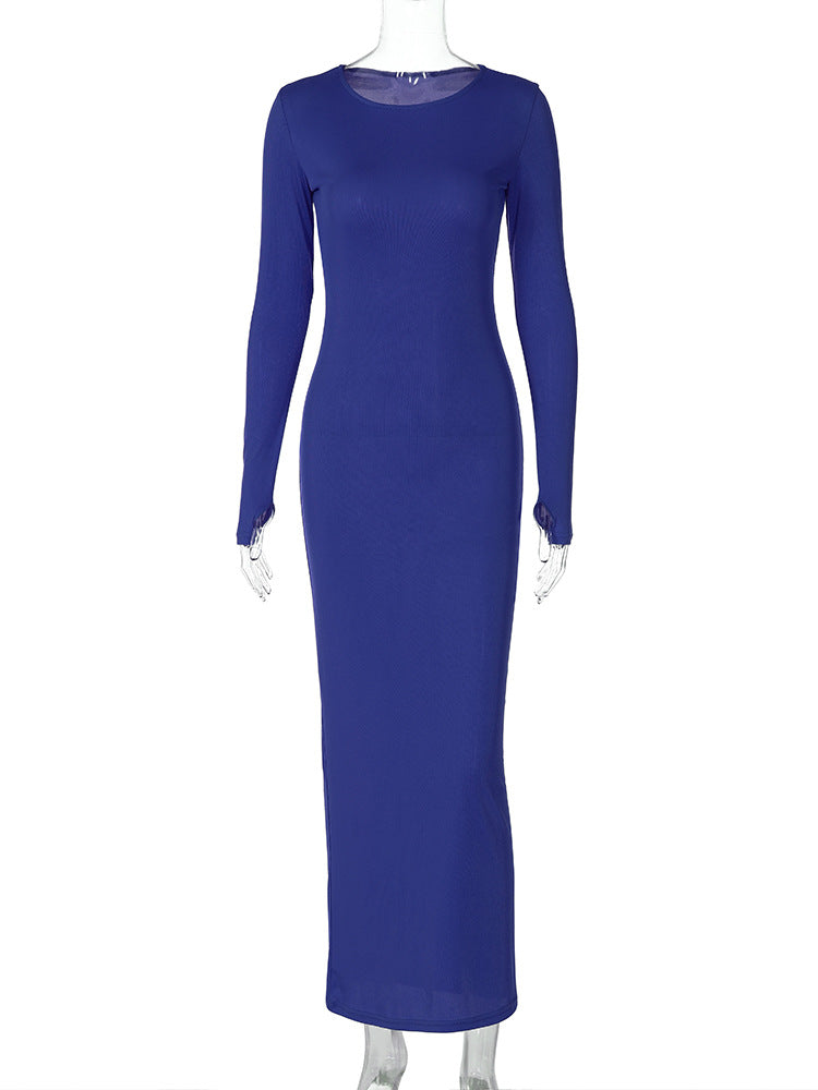 Women's Spring Fashion Solid Color Slim Fit Round Neck Long Sleeve Dress 22