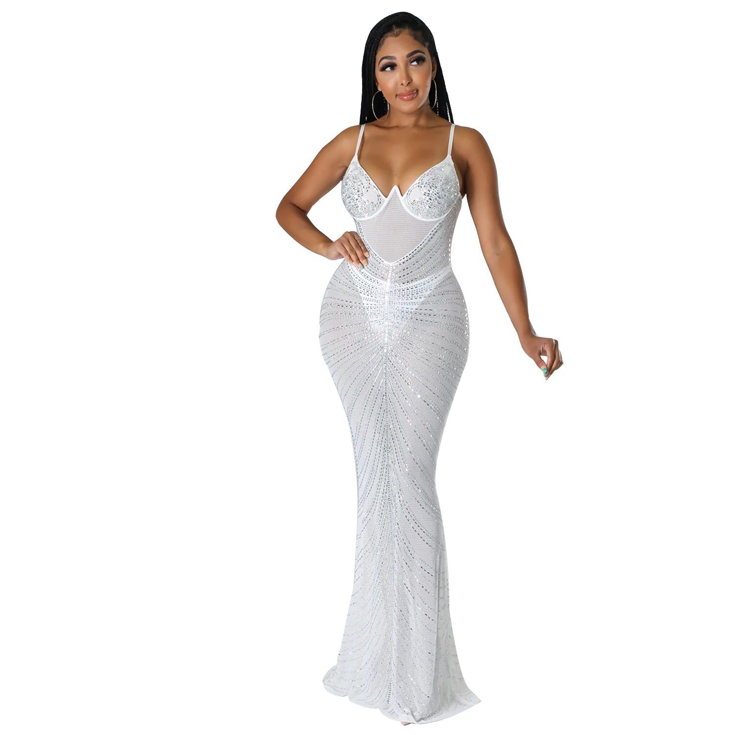 Summer Ladies Sexy Mesh Beaded Nightclub Strap Evening Dress