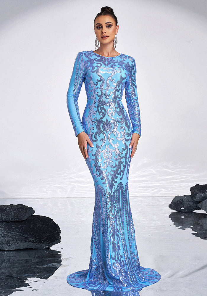 Women Long Sleeve Round Neck Sexy Sequin Formal Party Maxi Evening Dress